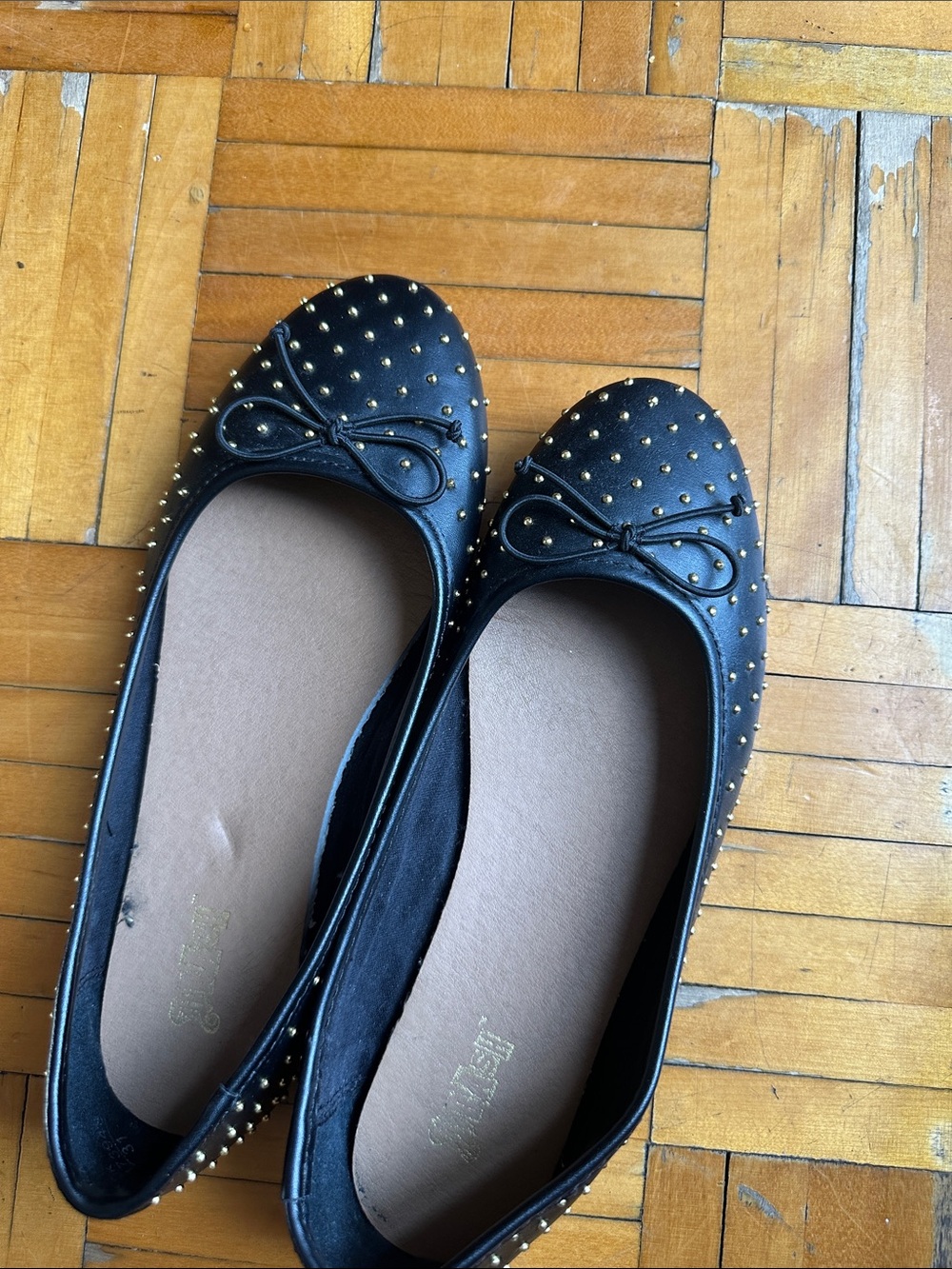 Brash Black Studded Ballet Flats with Bow Accent